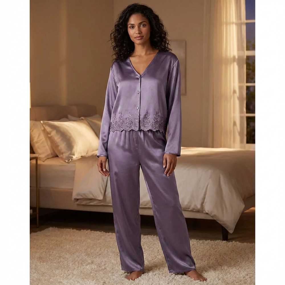 VICTORIA'S SECRET Pajama Set Satin Mauve Purple Vtg Gold Label Rare! L
